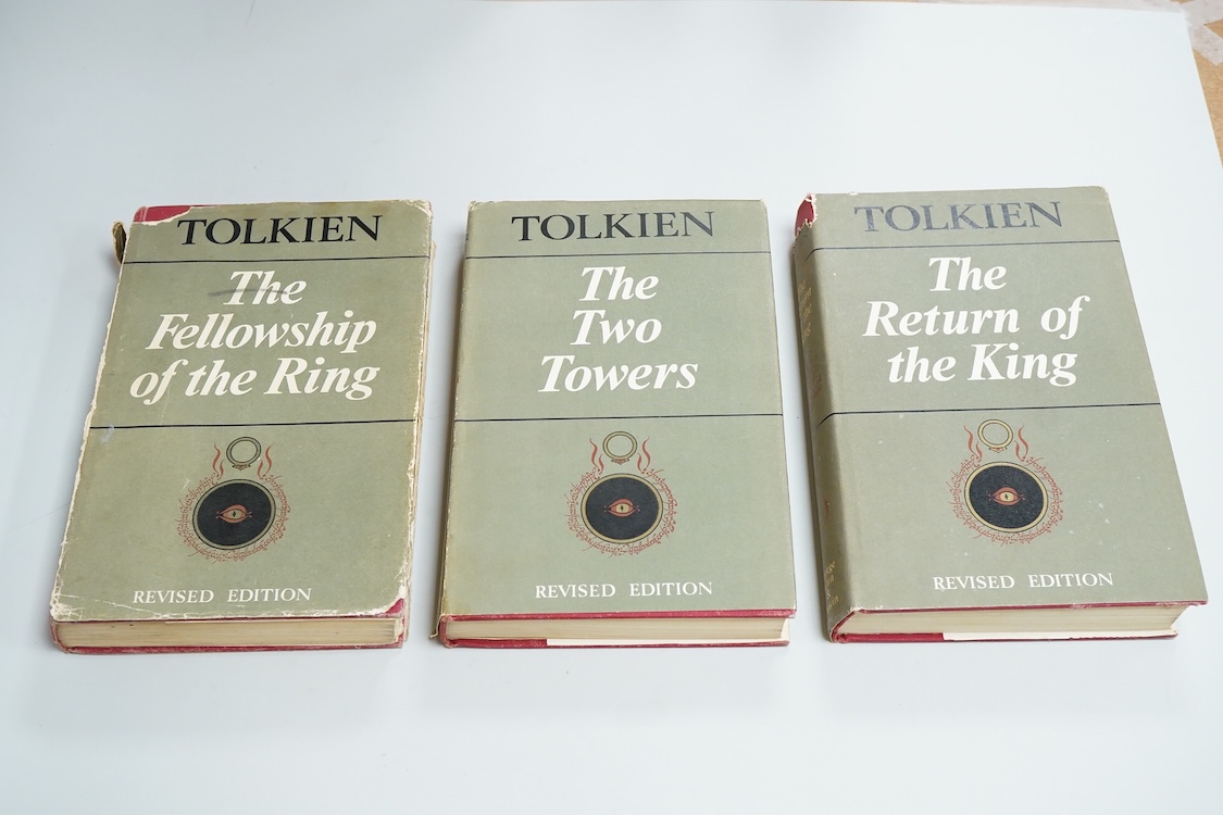 Tolkien, J.R.R. - The Lord of the Rings. 3 vols., 2nd edition. each volume with the folded and coloured map, additionally vol.1 with an outline colour map and 2 lines of facsimile text, half titles present; publisher's g